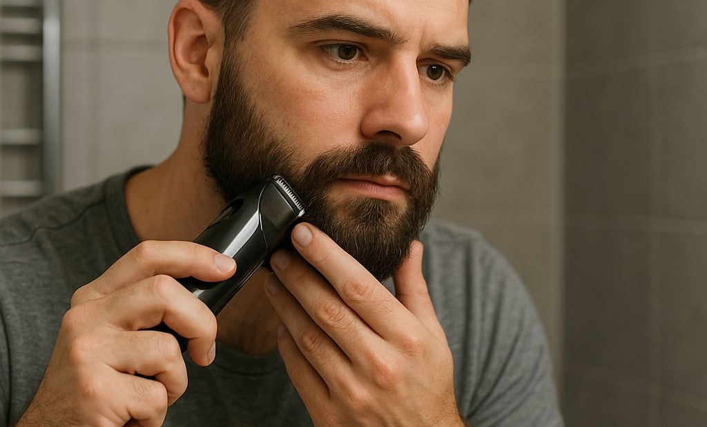 man using a beard trimmer for grooming beard