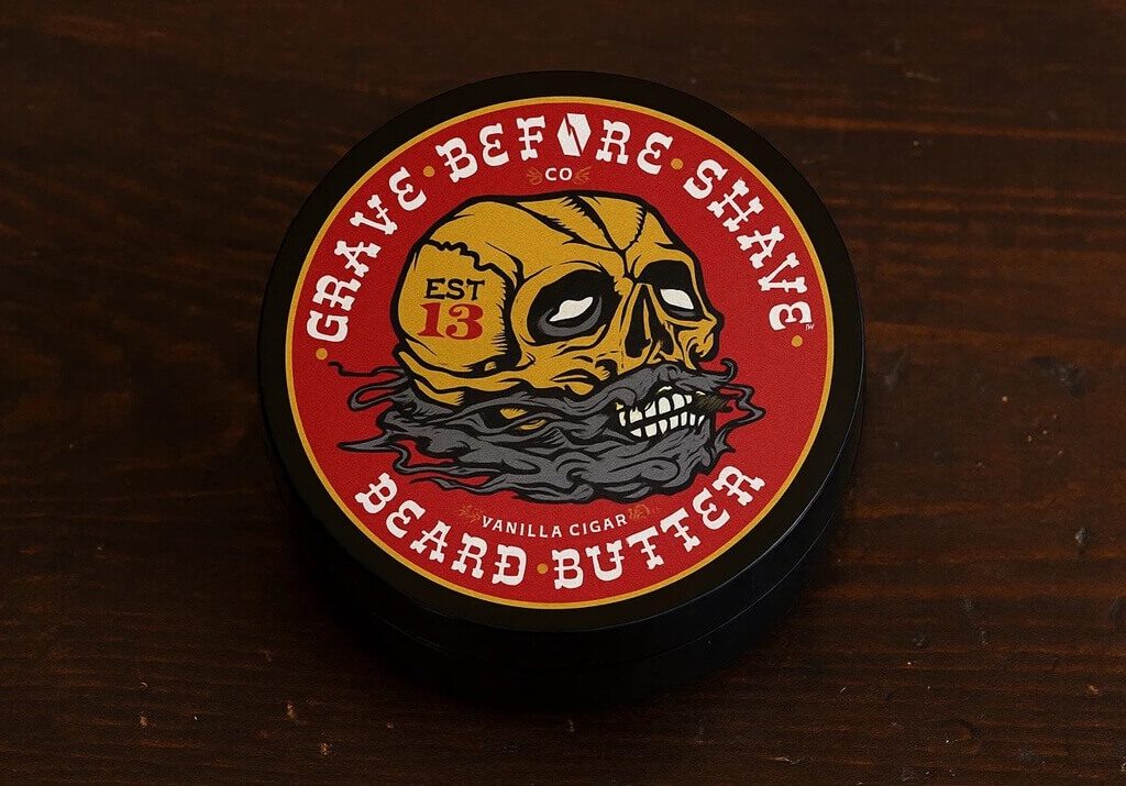 grave before shave beard balm placed on a table