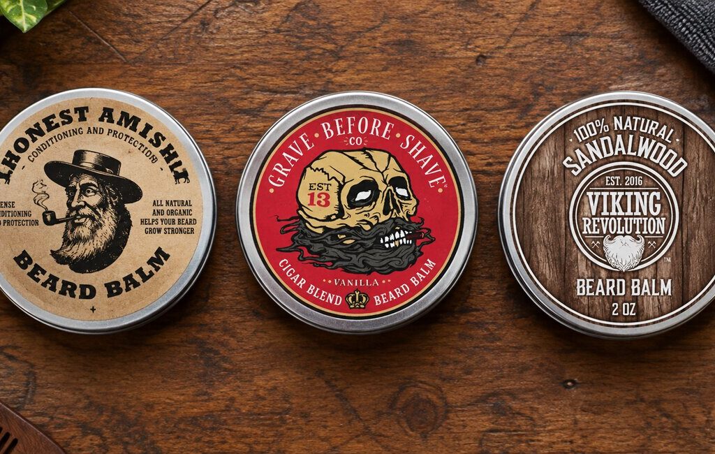 beard balms placed on wood table