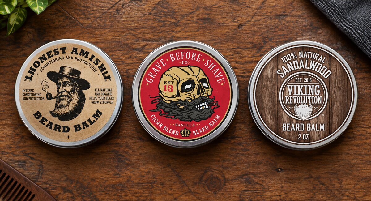 beard balms placed on wood table