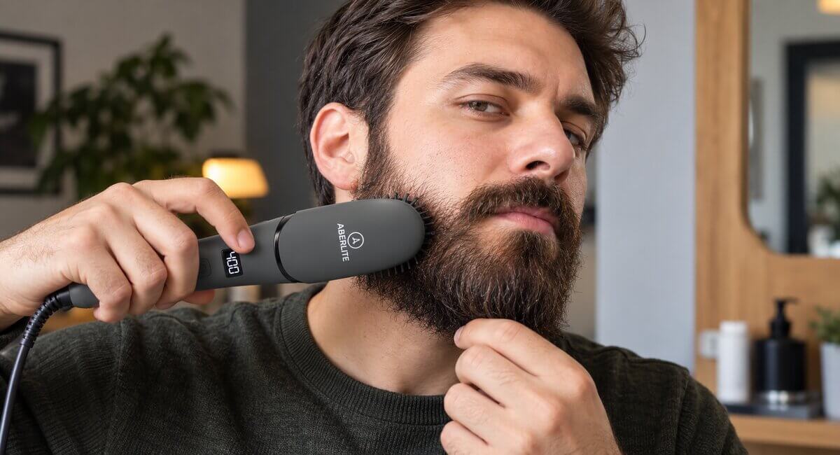 man using aberlite brush for beard grooming